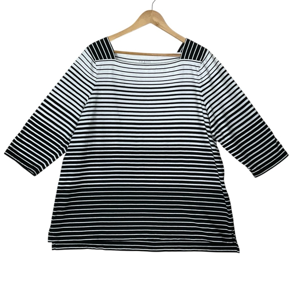 TALBOTS sz 2X + Striped Top Square Neck 1/2 Sleeves 100% Cotton